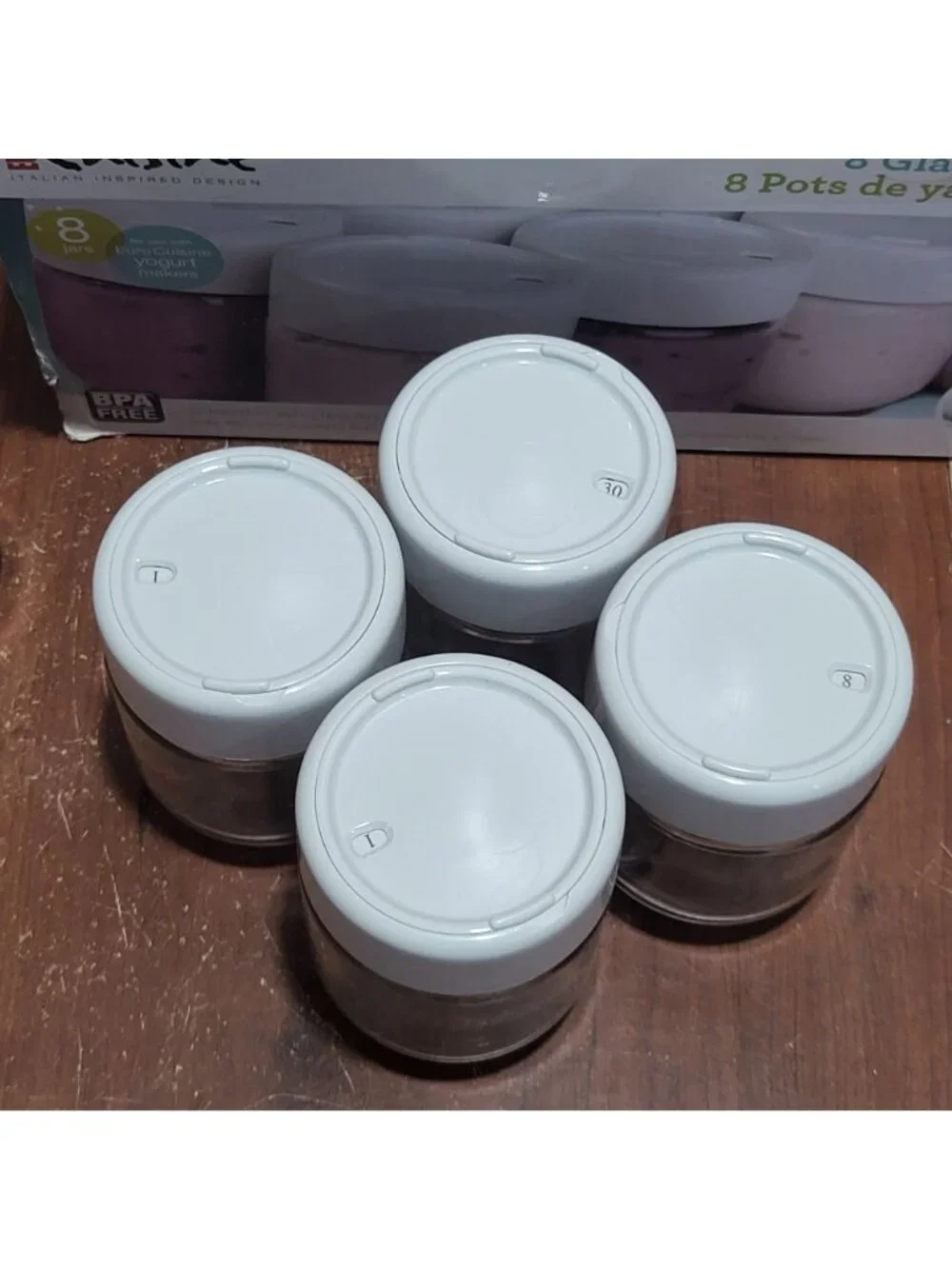 Euro Cuisine Set 8 Glass Yogurt Jars 6 Oz Date Setting Lids